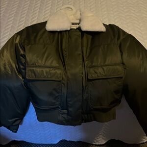 Women's Olive Bomber Jacket with White Collar